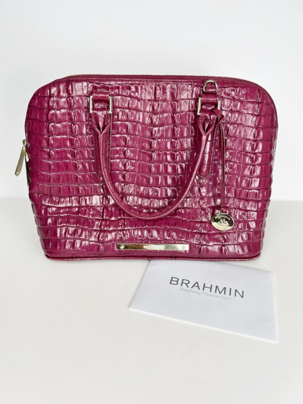 Brahmin La Scala Purple Pink Croc Embossed Boysenberry Vivian Dome Satchel